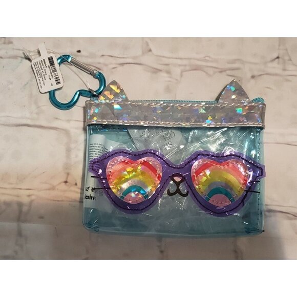 Nwt Claire's Clear Blue Mini Zipper Accessories Bag With Heart Clip - Picture 1 of 2